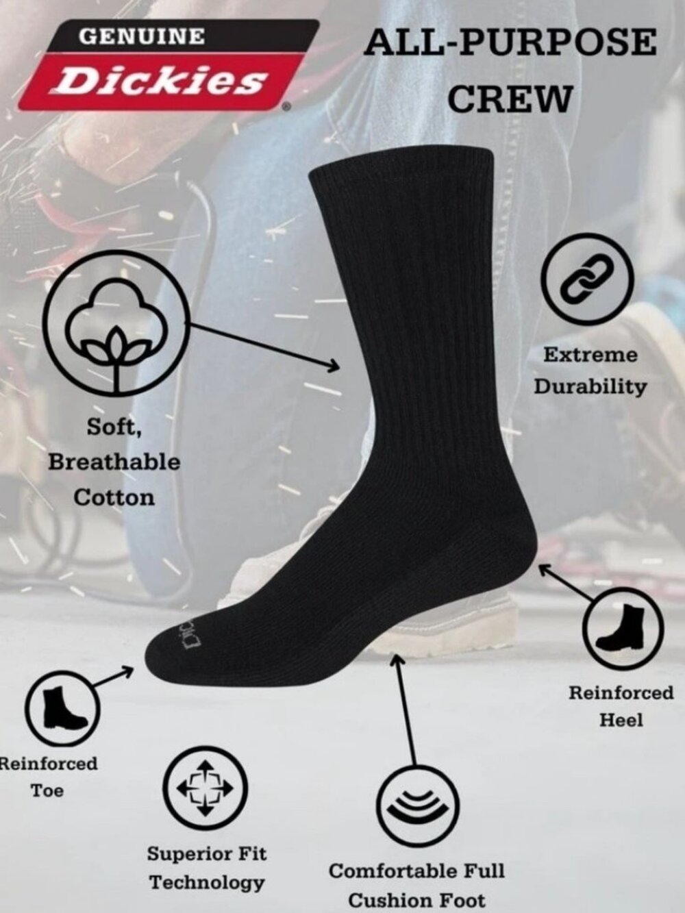 Dickies Mens Value Work Crew Socks 12-Pack Black Size 6-12 New Sealed